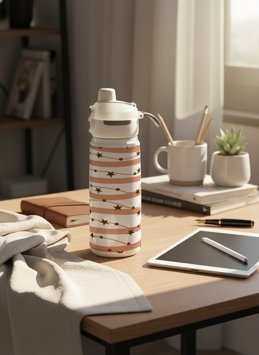 Lumi Insulated Premium Water Bottle 650ml – Celestial Stripes Print | 12+ Hours Hot & Cold | 2-Way Lid 1219 Avenue India