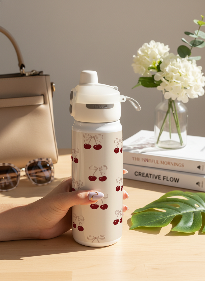 Lumi Insulated Premium Water Bottle 650ml – Cherry Bow Print | 12+ Hours Hot & Cold | 2-Way Lid