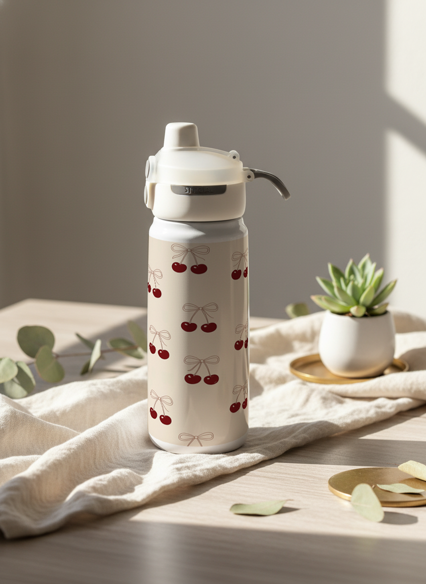 Lumi Insulated Premium Water Bottle 650ml – Cherry Bow Print | 12+ Hours Hot & Cold | 2-Way Lid 1219 Avenue India