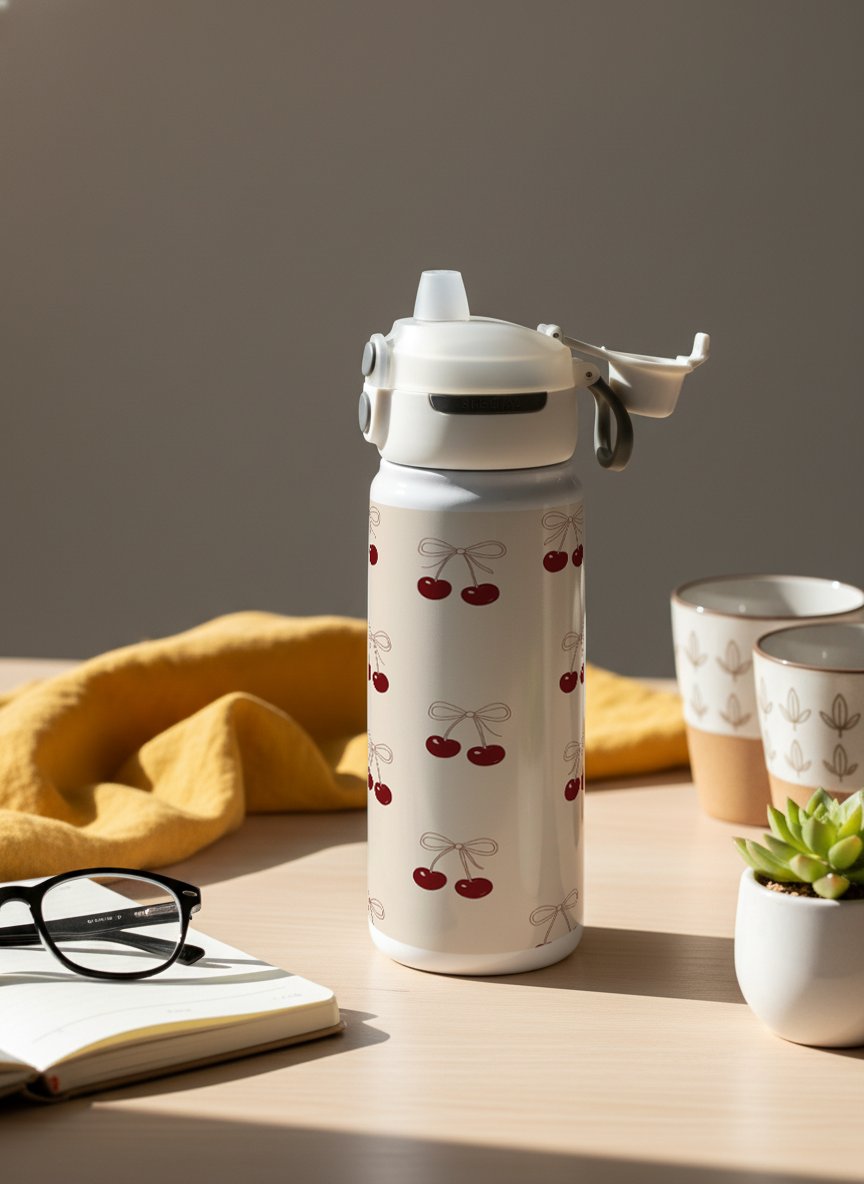 Lumi Insulated Premium Water Bottle 650ml – Cherry Bow Print | 12+ Hours Hot & Cold | 2-Way Lid 1219 Avenue India