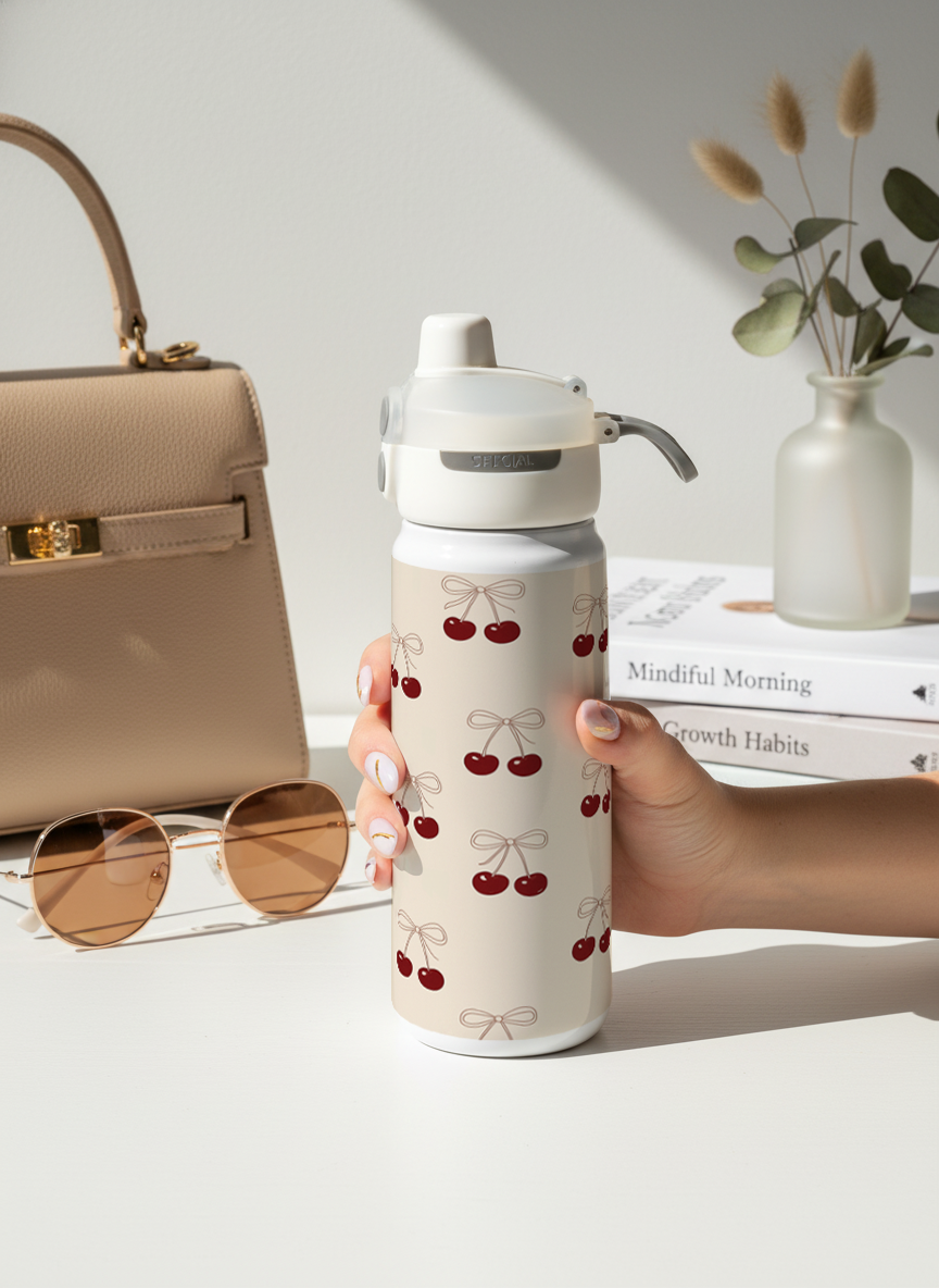 Lumi Insulated Premium Water Bottle 650ml – Cherry Bow Print | 12+ Hours Hot & Cold | 2-Way Lid 1219 Avenue India