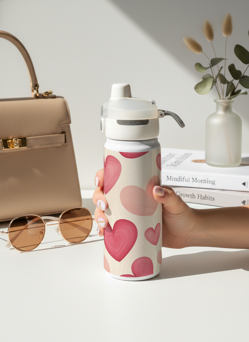 Lumi Insulated Premium Water Bottle 650ml – Heart Latte Print | 12+ Hours Hot & Cold | 2-Way Lid
