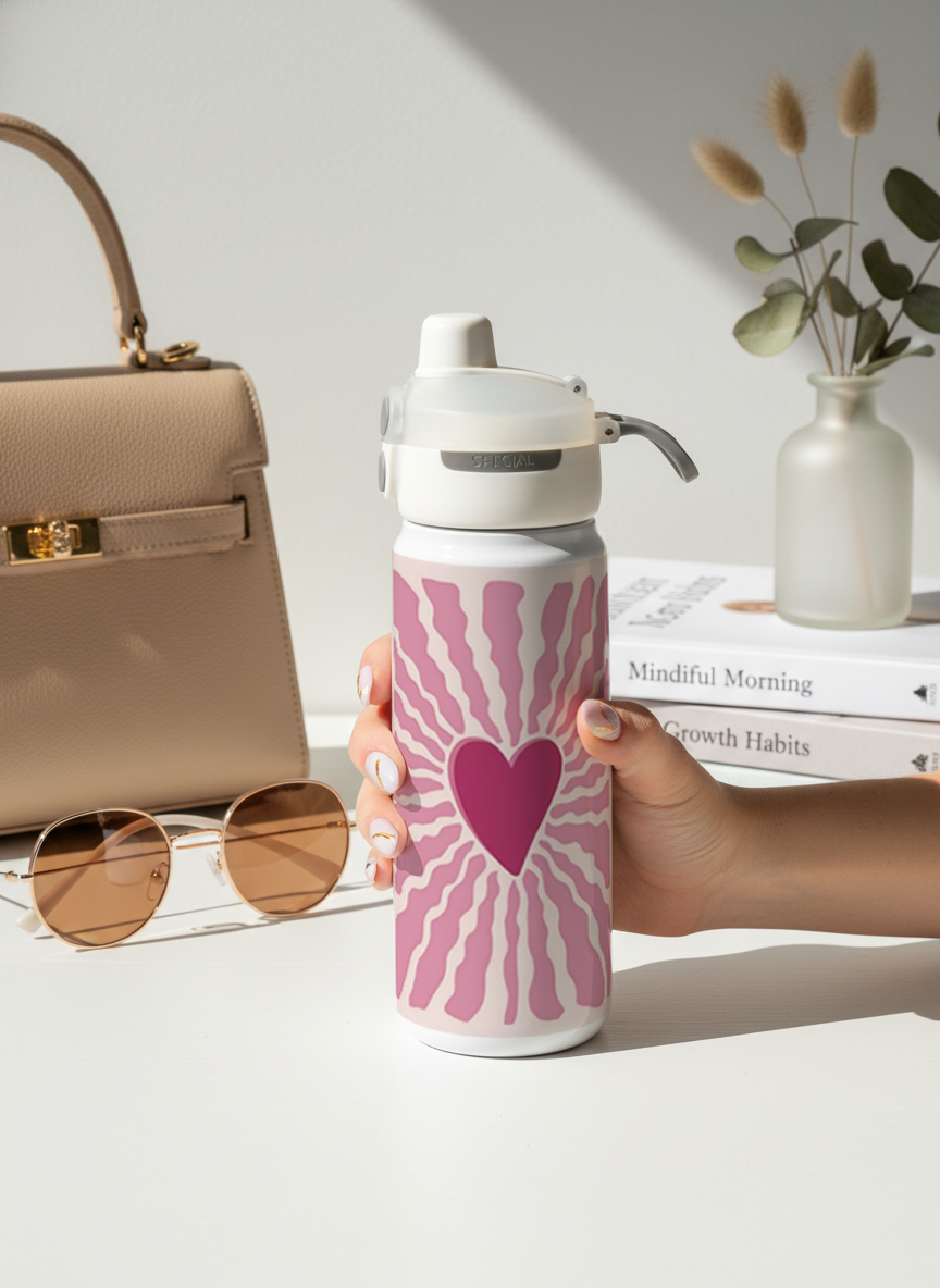Lumi Insulated Premium Water Bottle 650ml –Love Burst Print | 12+ Hours Hot & Cold | 2-Way Lid