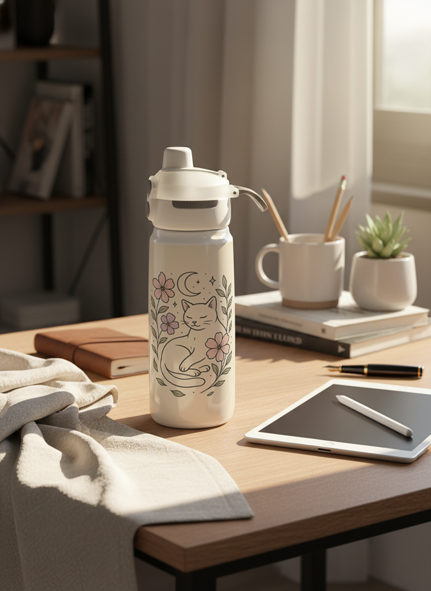 Lumi Insulated Premium Water Bottle 650ml –Midnight Meow Print | 12+ Hours Hot & Cold | 2-Way Lid 1219 Avenue India