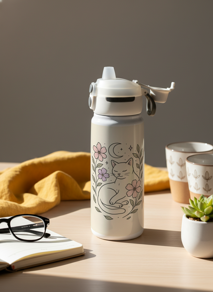 Lumi Insulated Premium Water Bottle 650ml –Midnight Meow Print | 12+ Hours Hot & Cold | 2-Way Lid 1219 Avenue India
