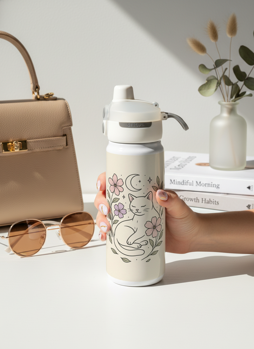 Lumi Insulated Premium Water Bottle 650ml –Midnight Meow Print | 12+ Hours Hot & Cold | 2-Way Lid 1219 Avenue India