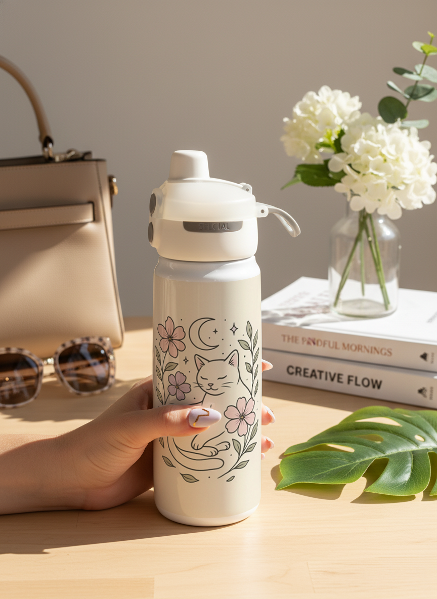 Lumi Insulated Premium Water Bottle 650ml –Midnight Meow Print | 12+ Hours Hot & Cold | 2-Way Lid
