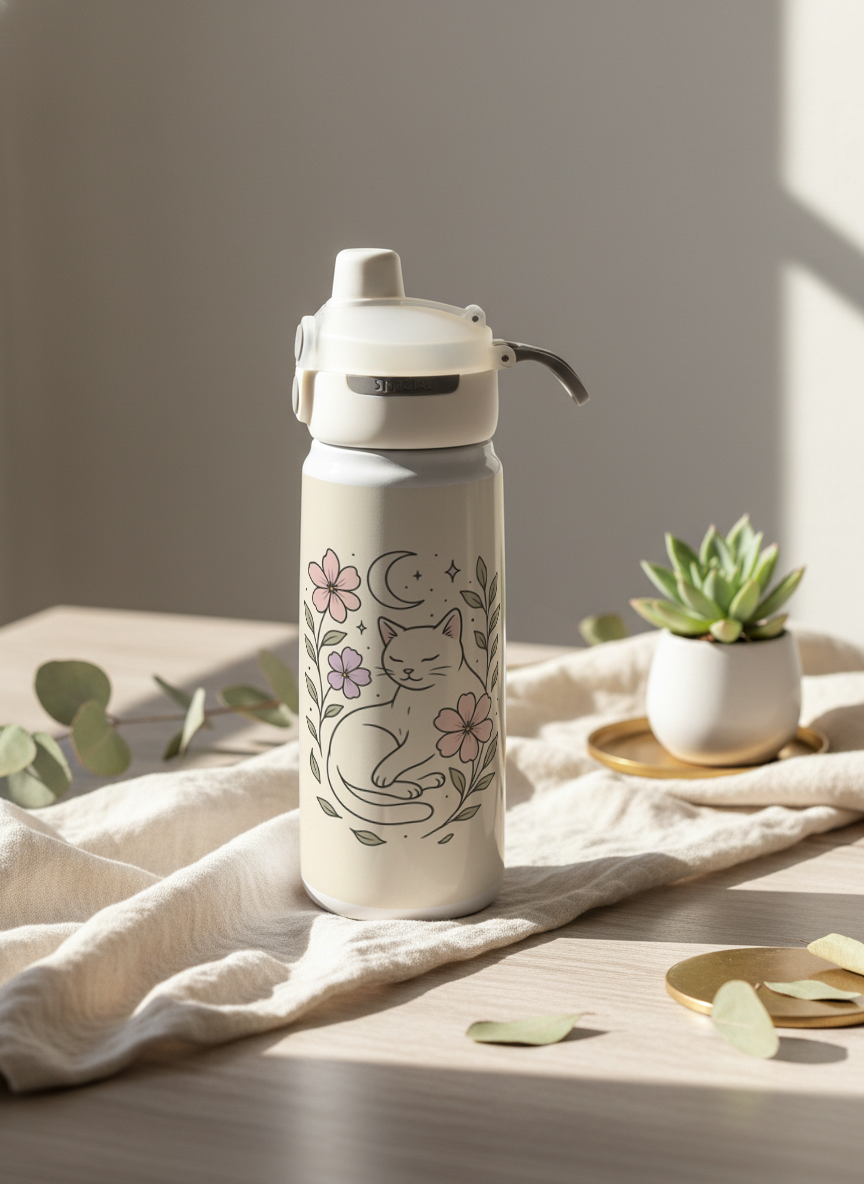Lumi Insulated Premium Water Bottle 650ml –Midnight Meow Print | 12+ Hours Hot & Cold | 2-Way Lid 1219 Avenue India