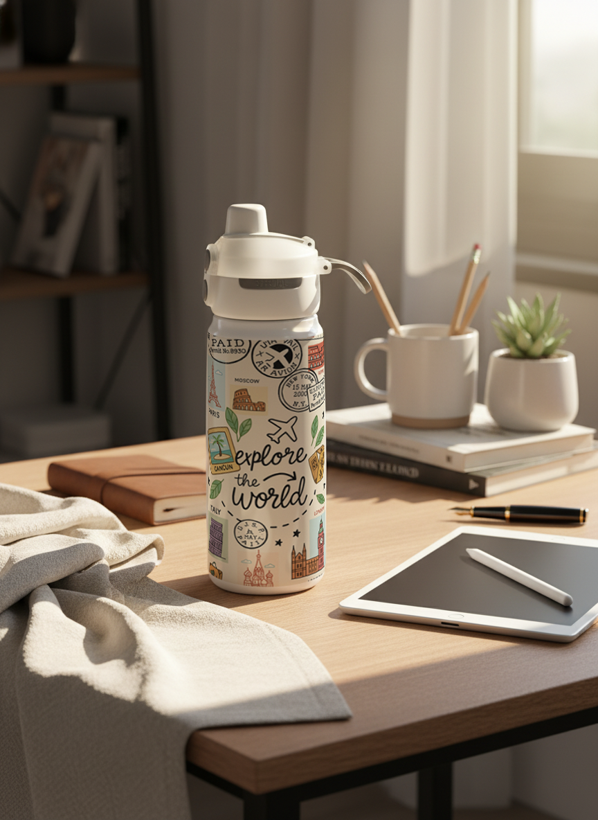 Lumi Insulated Premium Water Bottle 650ml – Passport Dreams Print | 12+ Hours Hot & Cold | 2-Way Lid 1219 Avenue India