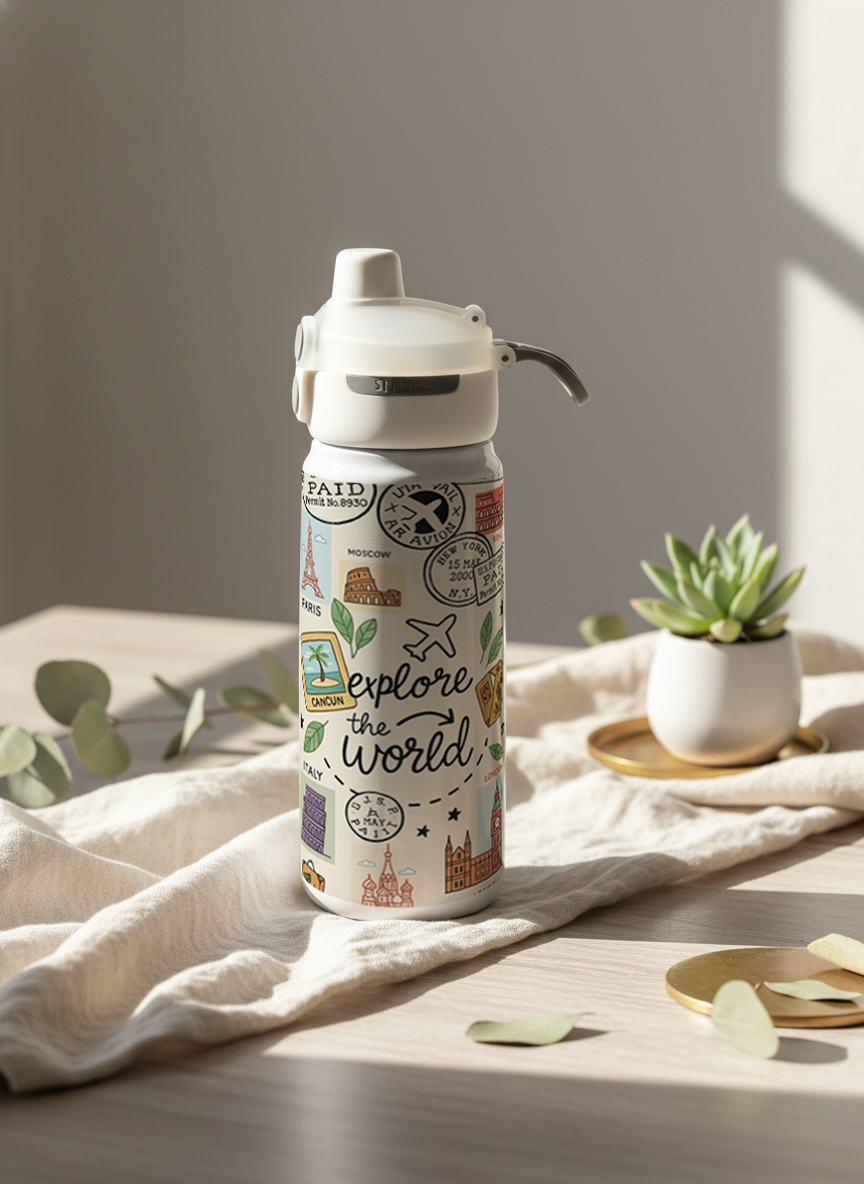 Lumi Insulated Premium Water Bottle 650ml – Passport Dreams Print | 12+ Hours Hot & Cold | 2-Way Lid 1219 Avenue India