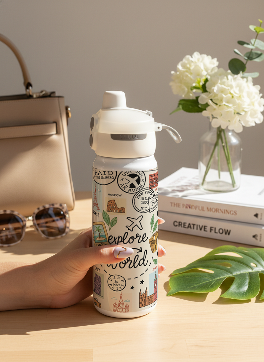 Lumi Insulated Premium Water Bottle 650ml – Passport Dreams Print | 12+ Hours Hot & Cold | 2-Way Lid 1219 Avenue India