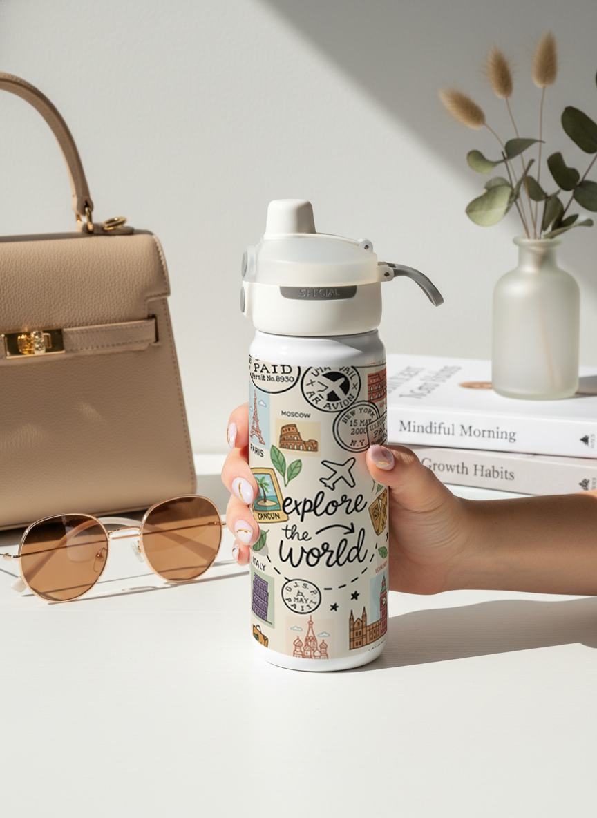 Lumi Insulated Premium Water Bottle 650ml – Passport Dreams Print | 12+ Hours Hot & Cold | 2-Way Lid 1219 Avenue India