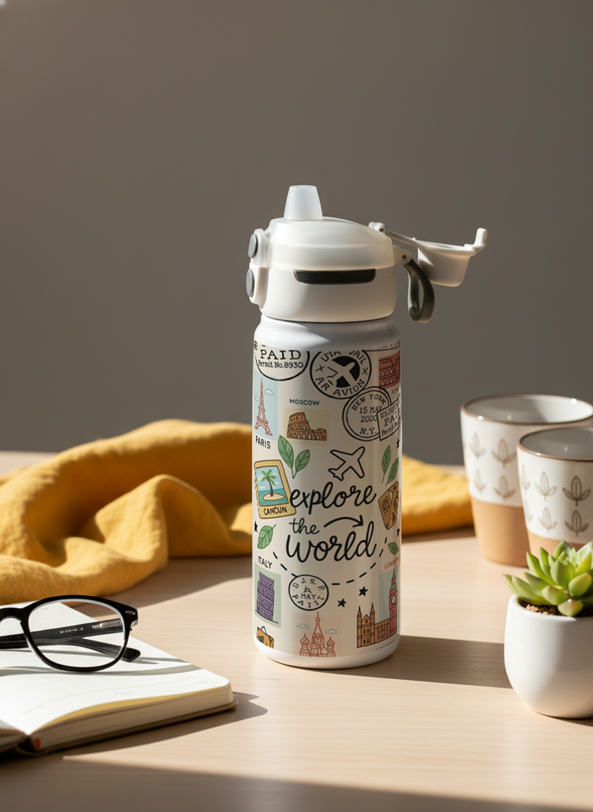 Lumi Insulated Premium Water Bottle 650ml – Passport Dreams Print | 12+ Hours Hot & Cold | 2-Way Lid 1219 Avenue India
