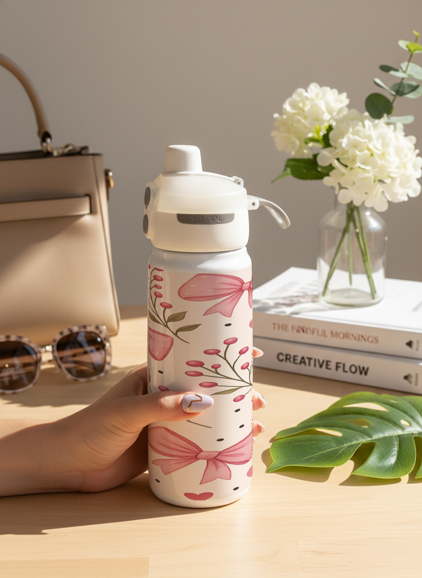 Lumi Insulated Premium Water Bottle 650ml – Pretty in Pink Print | 12+ Hours Hot & Cold | 2-Way Lid 1219 Avenue India