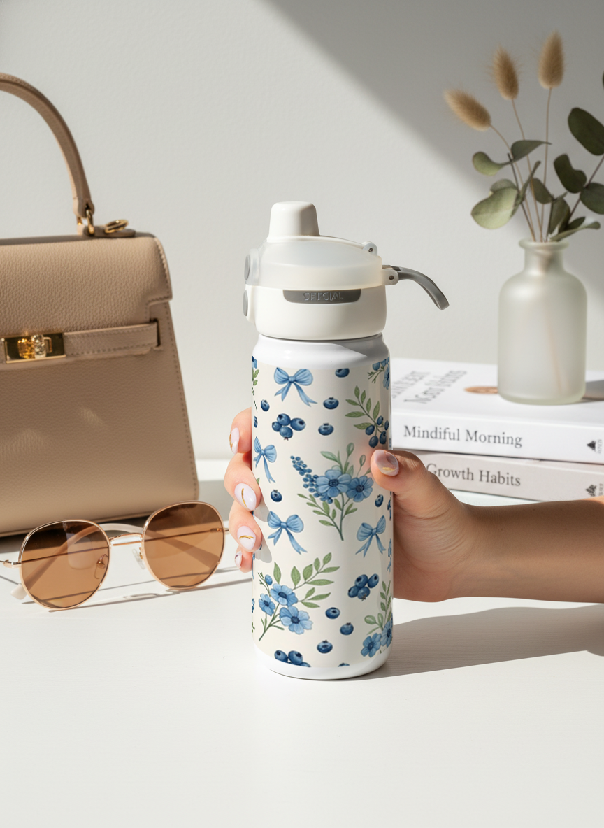 Lumi Insulated Premium Water Bottle 650ml – Royal Meadow Bows Print | 12+ Hours Hot & Cold | 2-Way Lid 1219 Avenue India