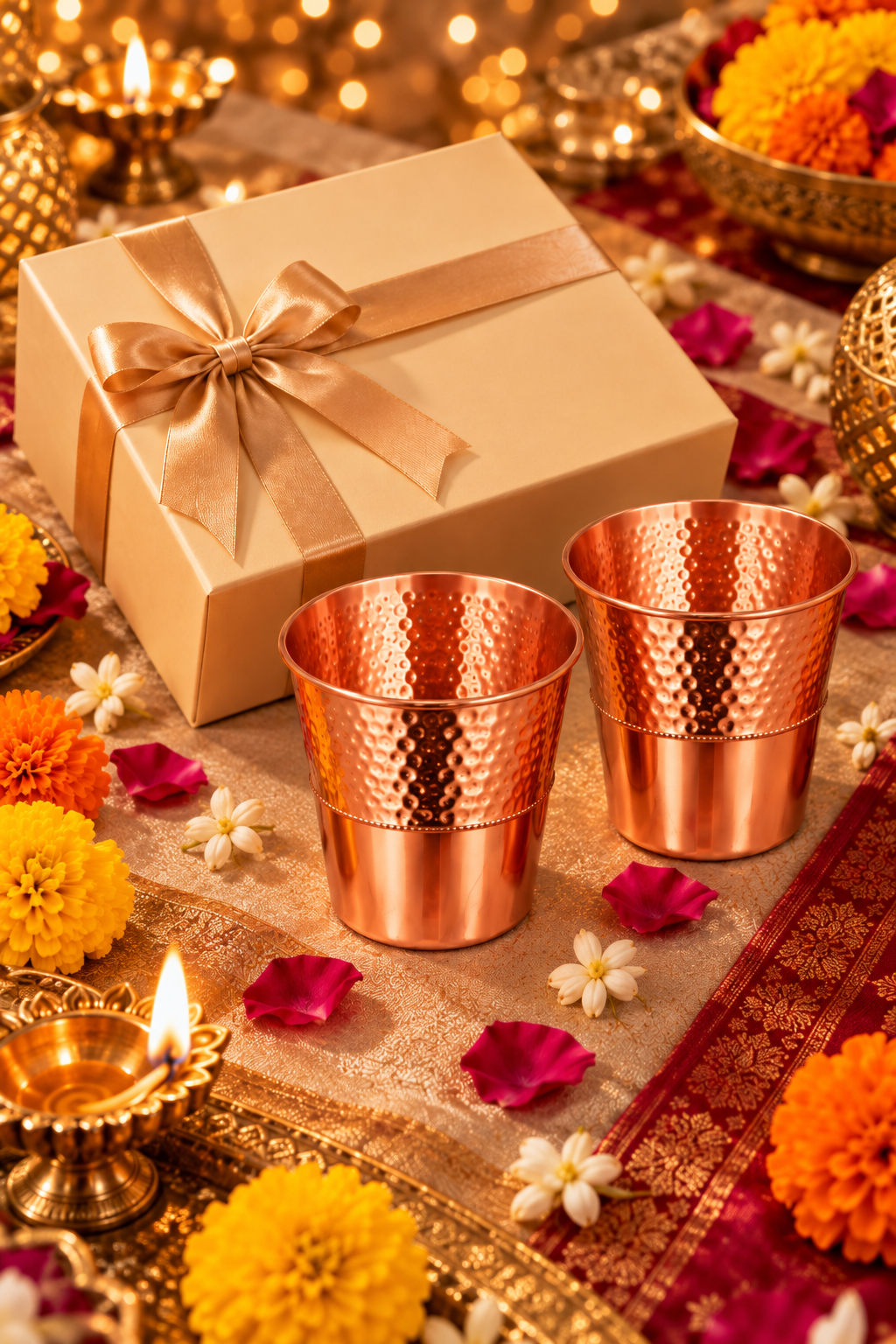 Lustre Blend Copper Glass Gift Set Duo | 99% Pure Copper Glasses | Premium Half-Hammered Copper Drinkware | Luxury Diwali Gift Set 1219 Avenue