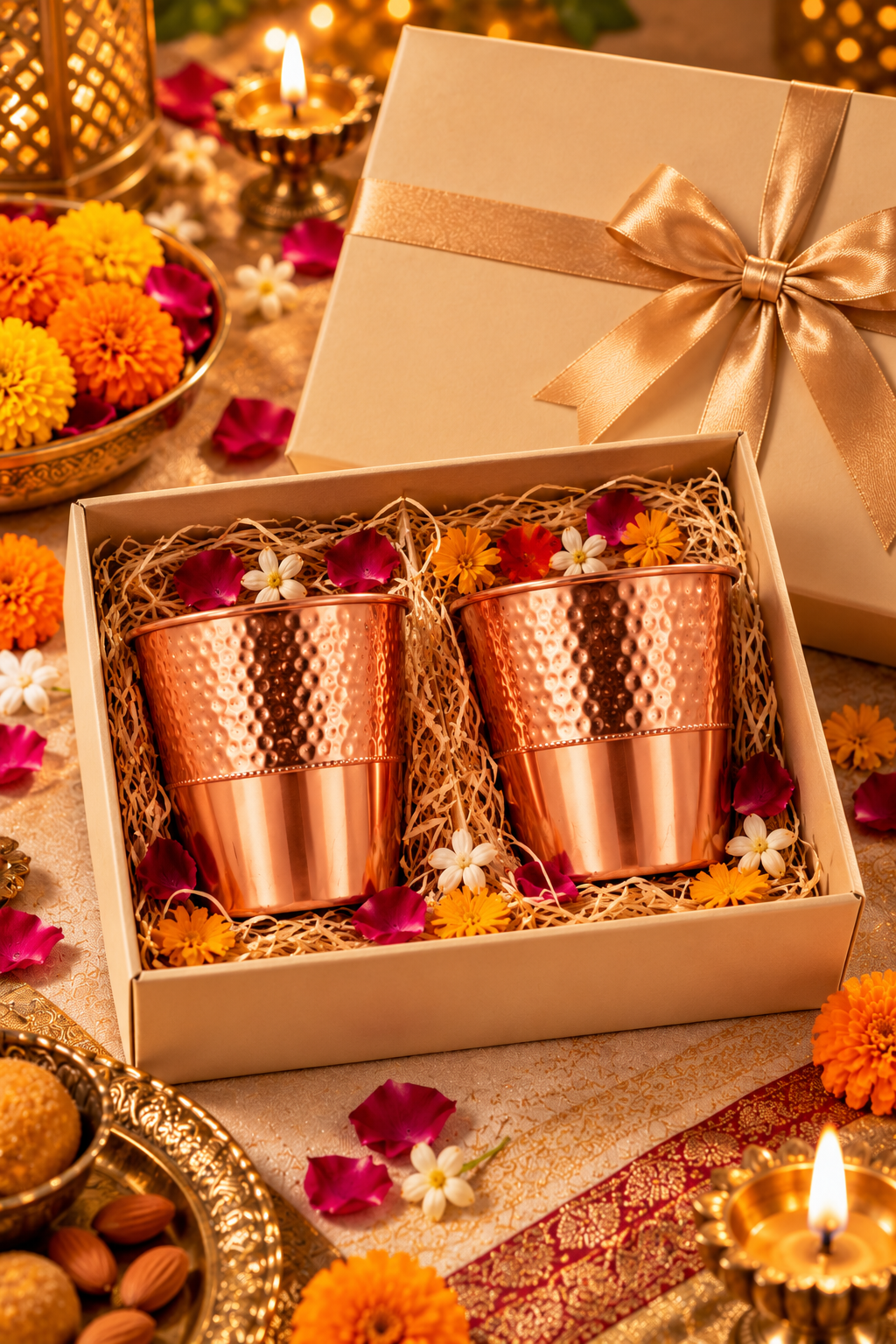 Lustre Blend Copper Glass Gift Set Duo | 99% Pure Copper Glasses | Premium Half-Hammered Copper Drinkware | Luxury Diwali Gift Set 1219 Avenue