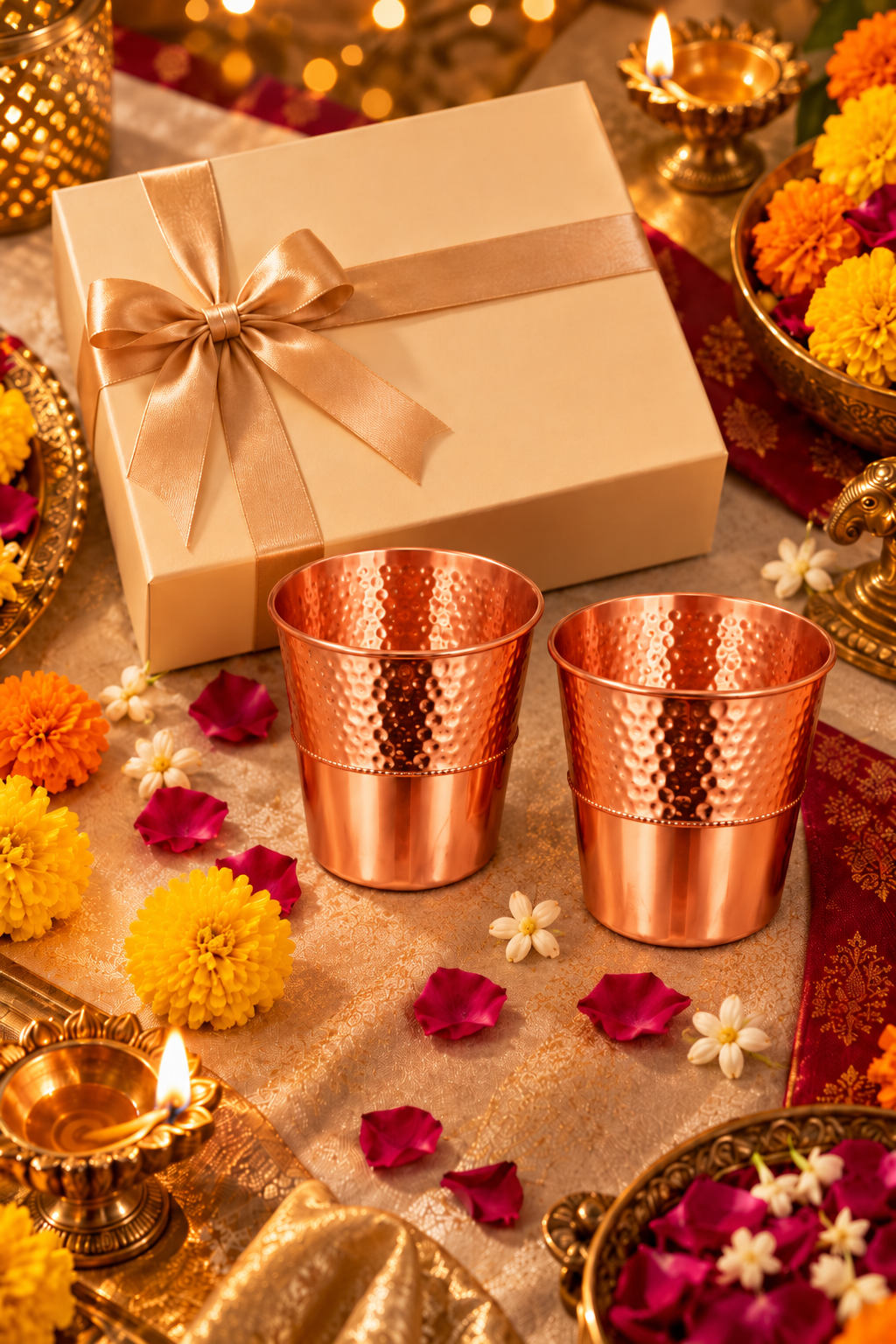 Lustre Blend Copper Glass Gift Set Duo | 99% Pure Copper Glasses | Premium Half-Hammered Copper Drinkware | Luxury Diwali Gift Set 1219 Avenue