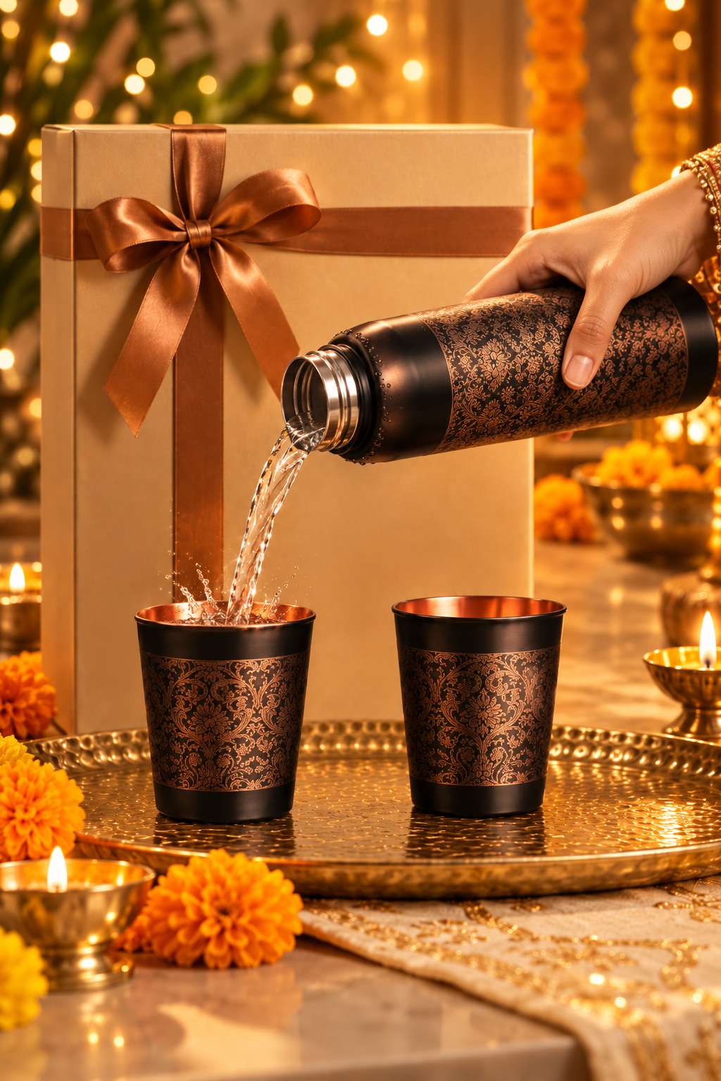 Mehr Heritage Copper Gift Set | 99% Pure Copper Water Bottle 1000ml with 2 Designer Copper Glasses | Premium 3 in 1 Drinkware | Luxury Diwali Gift Set 1219 Avenue