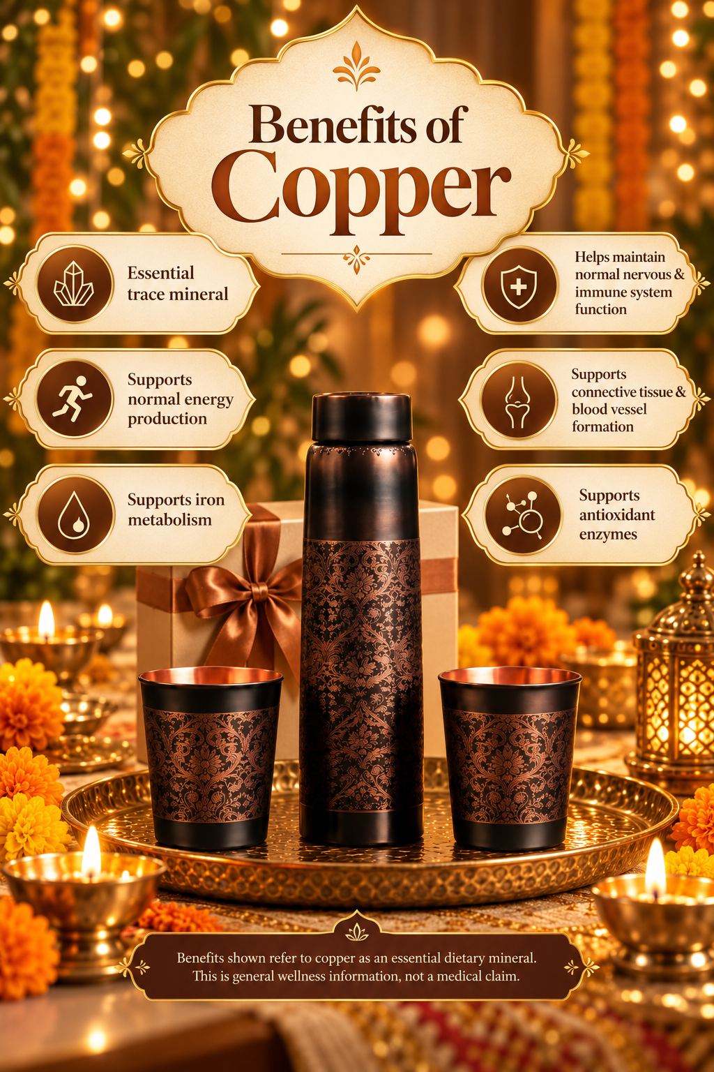 Mehr Heritage Copper Gift Set | 99% Pure Copper Water Bottle 1000ml with 2 Designer Copper Glasses | Premium 3 in 1 Drinkware | Luxury Diwali Gift Set 1219 Avenue