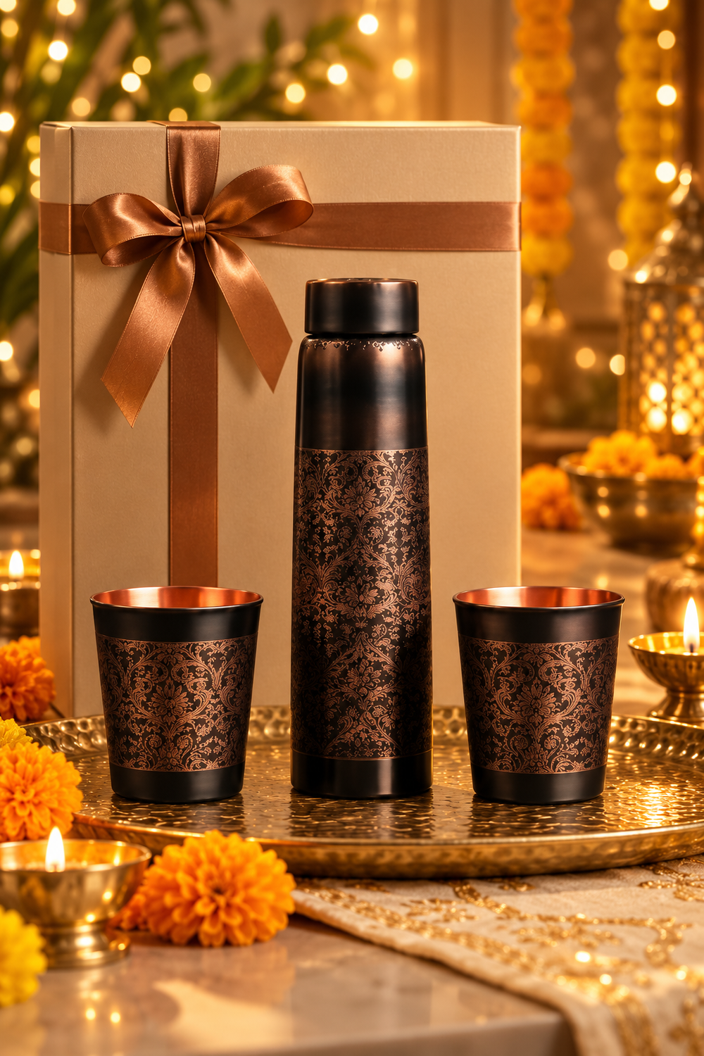 Mehr Heritage Copper Gift Set | 99% Copper Water Bottle 1000ml with 2 Designer Copper Glasses