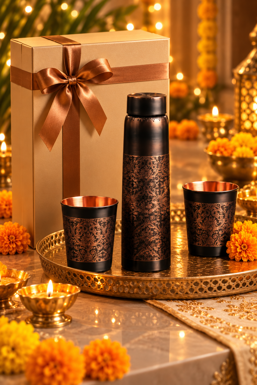 Mehr Heritage Copper Gift Set | 99% Pure Copper Water Bottle 1000ml with 2 Designer Copper Glasses | Premium 3 in 1 Drinkware | Luxury Diwali Gift Set 1219 Avenue