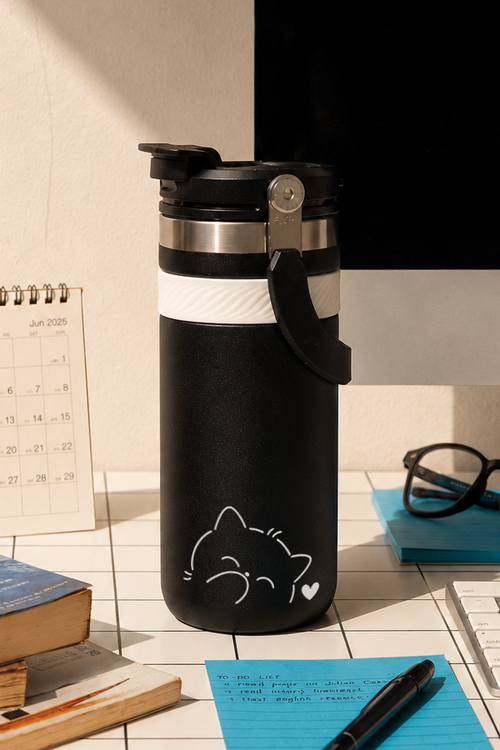 Mini Hydrator Tumbler 700ml – Shy kitty Print | Double Wall Vacuum Insulated Hot & Cold Bottle 1219 Avenue