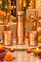 Miraas Copper Gift Set | 99% Pure Copper Water Bottle 1000ml with 2 Hammered Copper Glasses | Premium 3 in 1 Drinkware | Luxury Diwali Gift Set 1219 Avenue
