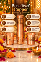 Miraas Copper Gift Set | 99% Pure Copper Water Bottle 1000ml with 2 Hammered Copper Glasses | Premium 3 in 1 Drinkware | Luxury Diwali Gift Set 1219 Avenue