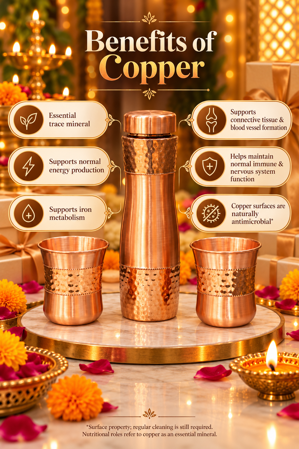 Miraas Copper Gift Set | 99% Pure Copper Water Bottle 1000ml with 2 Hammered Copper Glasses | Premium 3 in 1 Drinkware | Luxury Diwali Gift Set 1219 Avenue