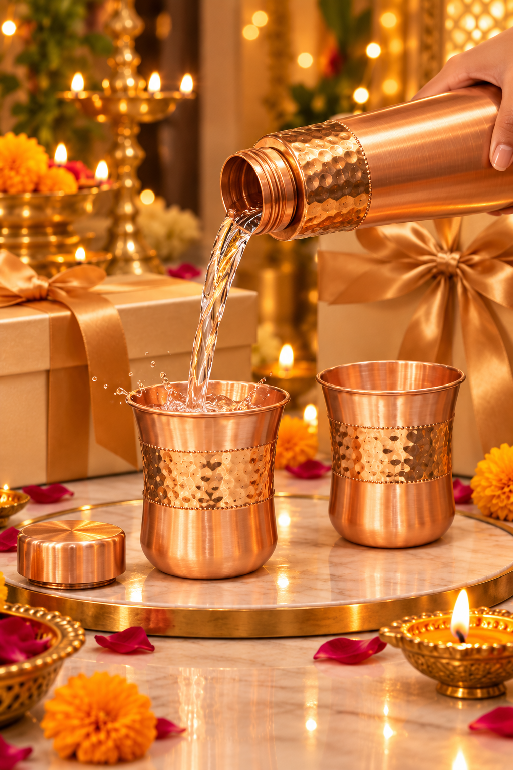 Miraas Copper Gift Set | 99% Pure Copper Water Bottle 1000ml with 2 Hammered Copper Glasses | Premium 3 in 1 Drinkware | Luxury Diwali Gift Set 1219 Avenue