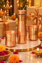 Miraas Copper Gift Set | 99% Pure Copper Water Bottle 1000ml with 2 Hammered Copper Glasses | Premium 3 in 1 Drinkware | Luxury Diwali Gift Set 1219 Avenue
