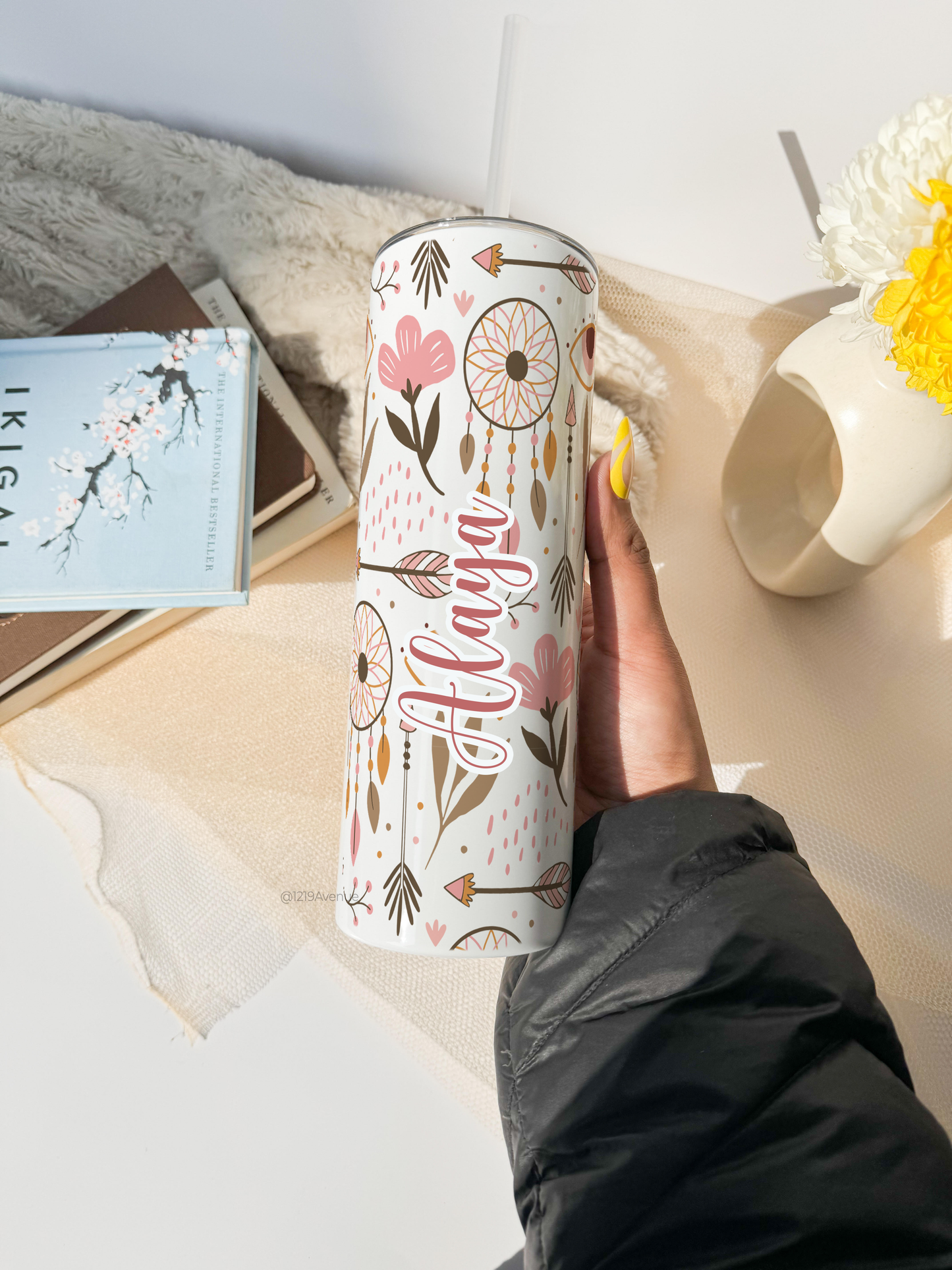 Personalized Colossal Tumbler 750ml with Silicon Straw | Boho Name Custom Print| Double Walled Insulated Tumbler 26oz