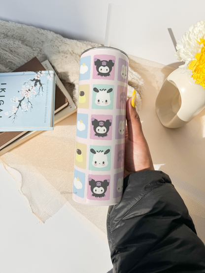 Colossal Tumbler 750ML with silicon straw| Popping Sanrio Checks All Over Print |Double Walled Insulated Tumbler