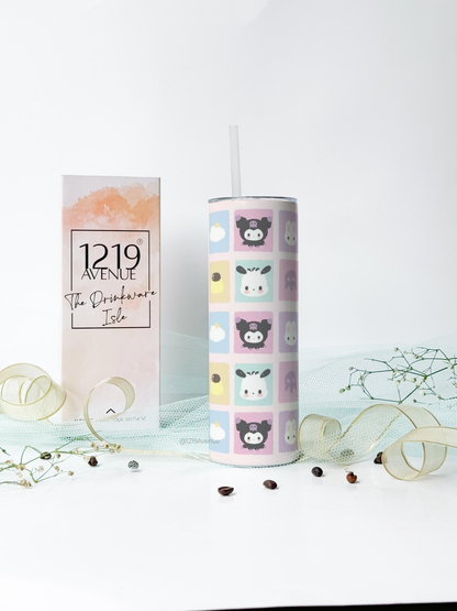 Colossal Tumbler 750ML with silicon straw| Popping Sanrio Checks All Over Print |Double Walled Insulated Tumbler