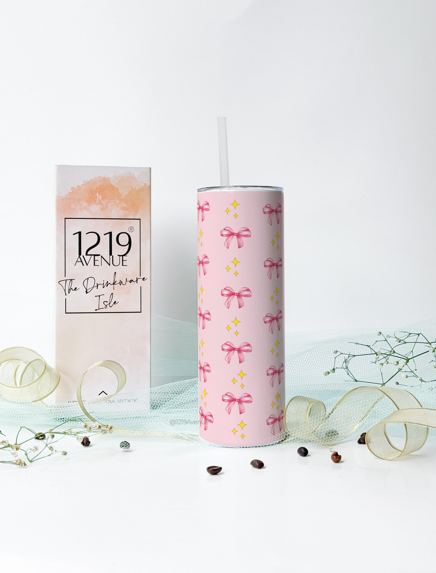 Colossal Tumbler 750ML with silicon straw| Sparkles And Bows All Over Print |Double Walled Insulated Tumbler