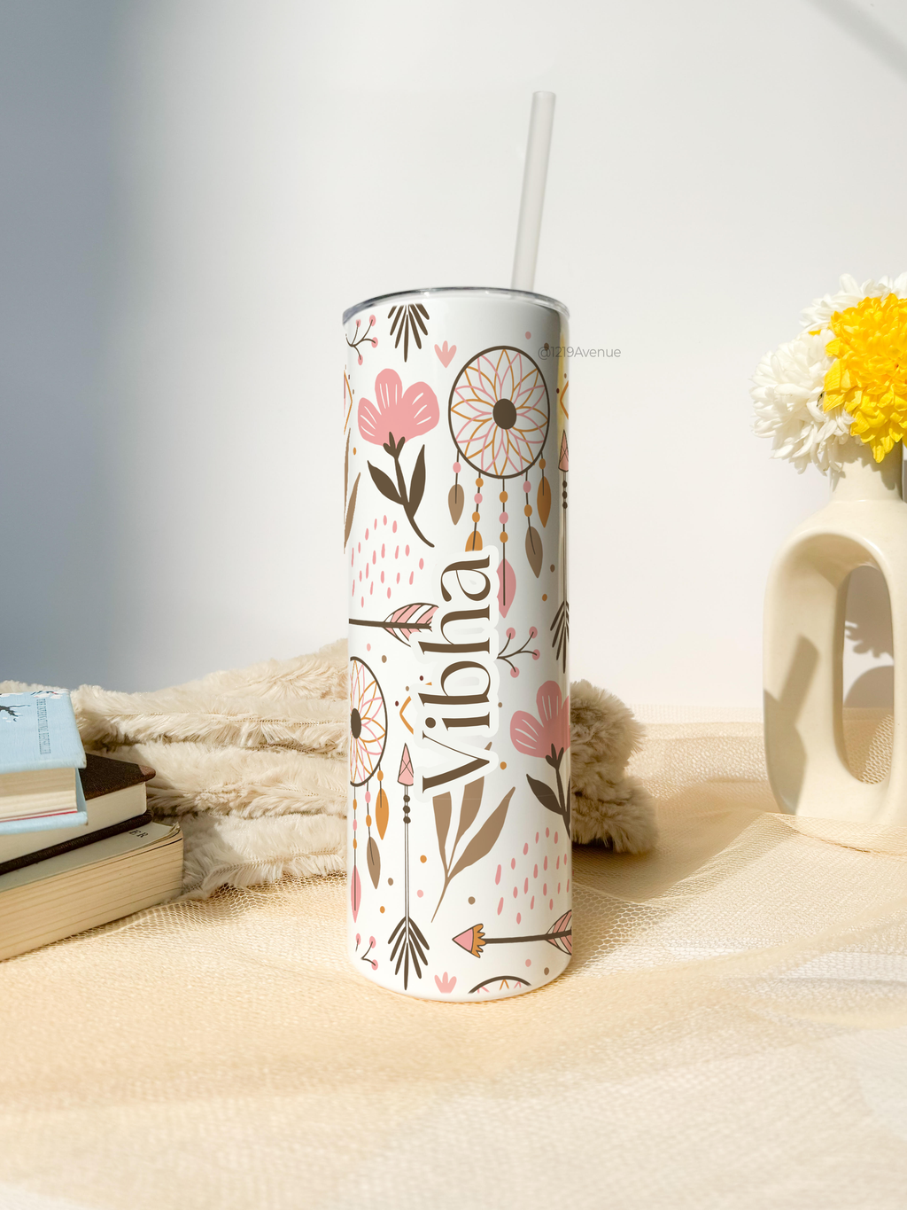 Personalized Colossal Tumbler 700ml with Straw | Boho Name Custom Print| Double Walled Insulated Tumbler 7-8 hrs