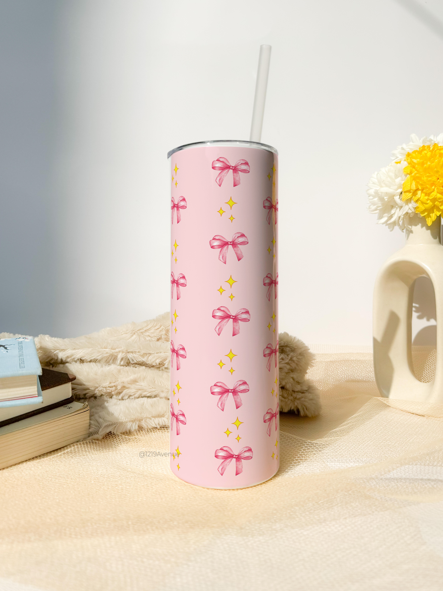 Colossal Tumbler 750ML with silicon straw| Sparkles And Bows All Over Print |Double Walled Insulated Tumbler