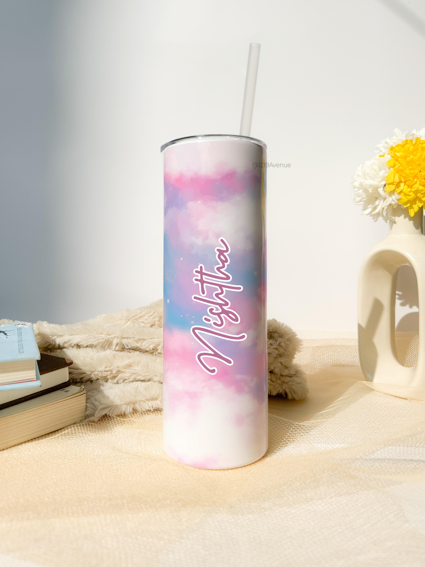 Personalized Colossal Tumbler 750ml with Silicon Straw | Cotton Candy Name Custom Print| Double Walled Insulated Tumbler 26oz