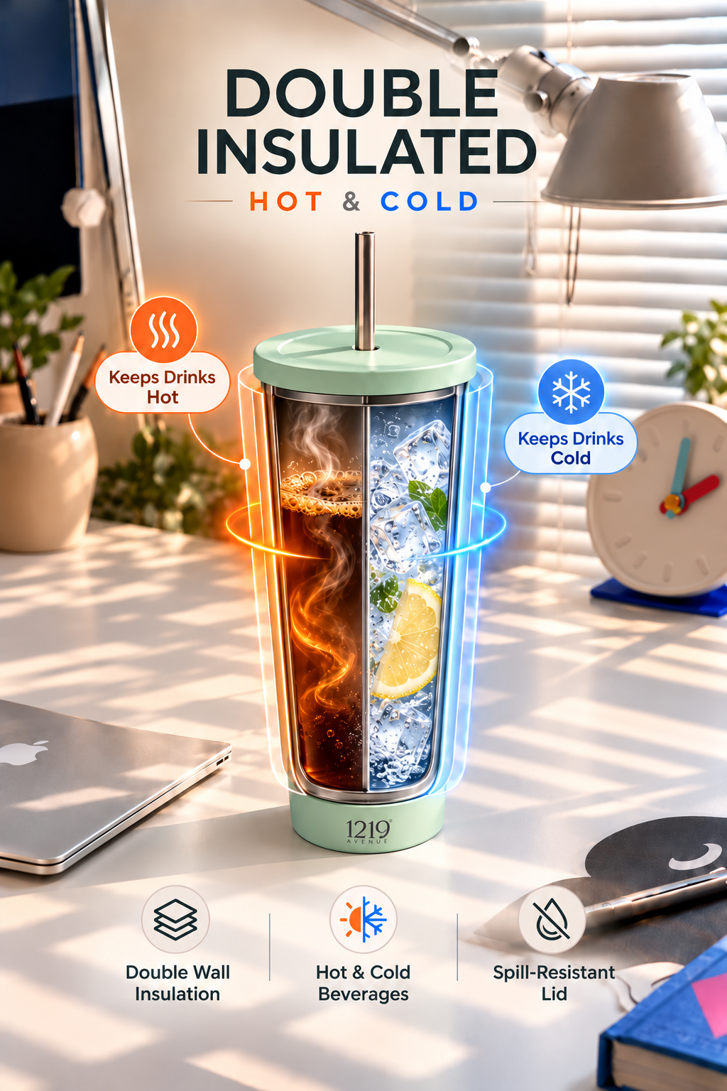 Muse 600ml Insulated Tumbler | Double Wall Hot & Cold Insulated Tumbler with Steel Straw 1219 Avenue