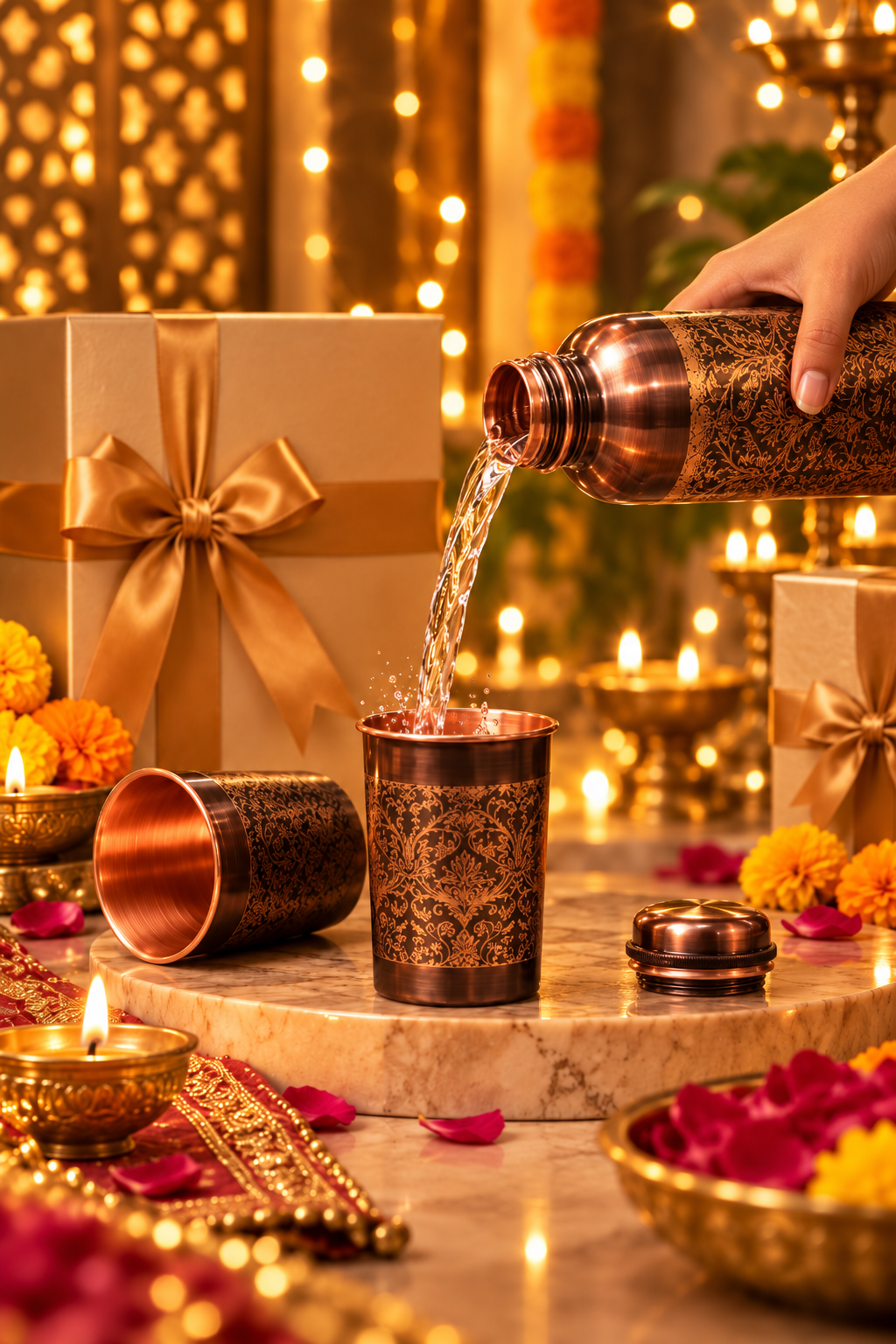 Naqsh Copper Gift Set | 99% Pure Copper Water Bottle 1000ml with 2 Designer Copper Glasses | Premium 3 in 1 Drinkware | Luxury Diwali Gift Set 1219 Avenue