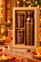 Naqsh Copper Gift Set | 99% Pure Copper Water Bottle 1000ml with 2 Designer Copper Glasses | Premium 3 in 1 Drinkware | Luxury Diwali Gift Set 1219 Avenue