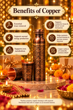 Naqsh Copper Gift Set | 99% Pure Copper Water Bottle 1000ml with 2 Designer Copper Glasses | Premium 3 in 1 Drinkware | Luxury Diwali Gift Set 1219 Avenue
