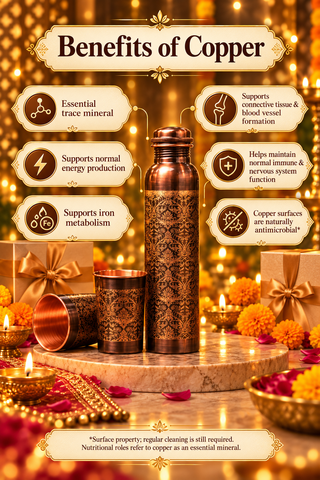 Naqsh Copper Gift Set | 99% Pure Copper Water Bottle 1000ml with 2 Designer Copper Glasses | Premium 3 in 1 Drinkware | Luxury Diwali Gift Set 1219 Avenue