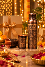 Naqsh Copper Gift Set | 99% Pure Copper Water Bottle 1000ml with 2 Designer Copper Glasses | Premium 3 in 1 Drinkware | Luxury Diwali Gift Set 1219 Avenue