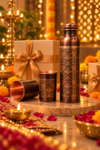 Naqsh Copper Gift Set | 99% Pure Copper Water Bottle 1000ml with 2 Designer Copper Glasses | Premium 3 in 1 Drinkware | Luxury Diwali Gift Set 1219 Avenue
