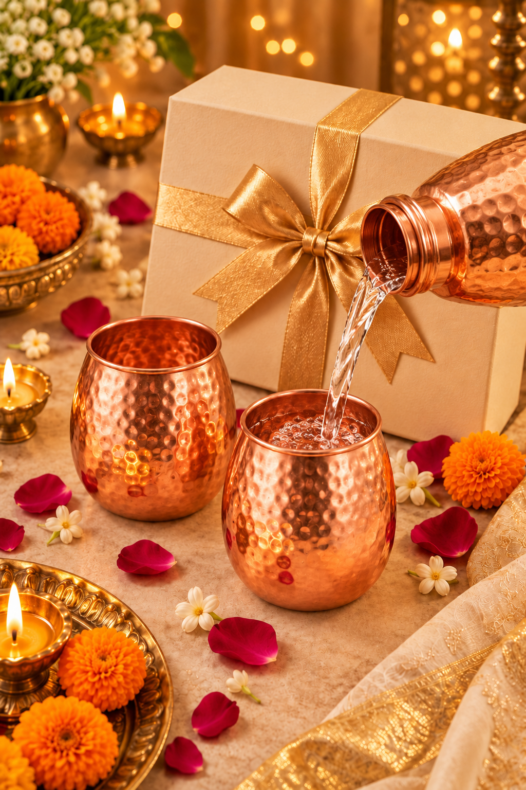 Pebble Luxe Copper Glass Gift Set | 99% Pure Copper Glasses 350ml Each | Premium Hammered Copper Drinkware | Luxury Diwali Gift Set 1219 Avenue