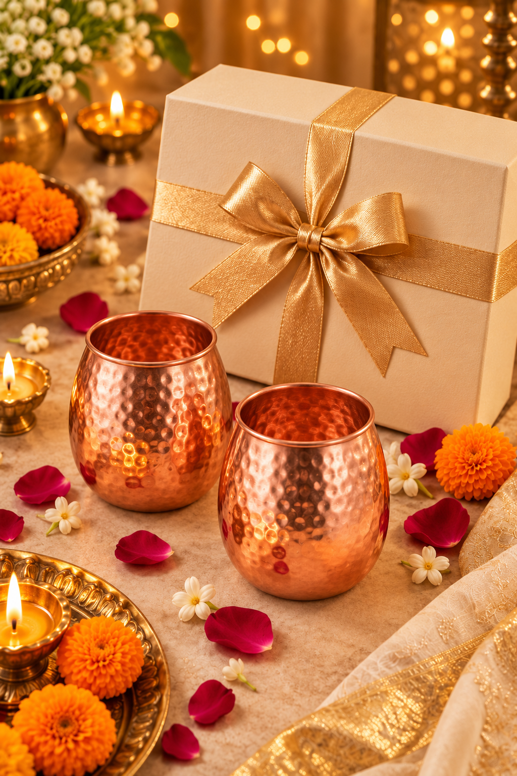 Pebble Luxe Copper Glass Gift Set | 99% Pure Copper Glasses 350ml Each | Premium Hammered Copper Drinkware | Luxury Diwali Gift Set 1219 Avenue