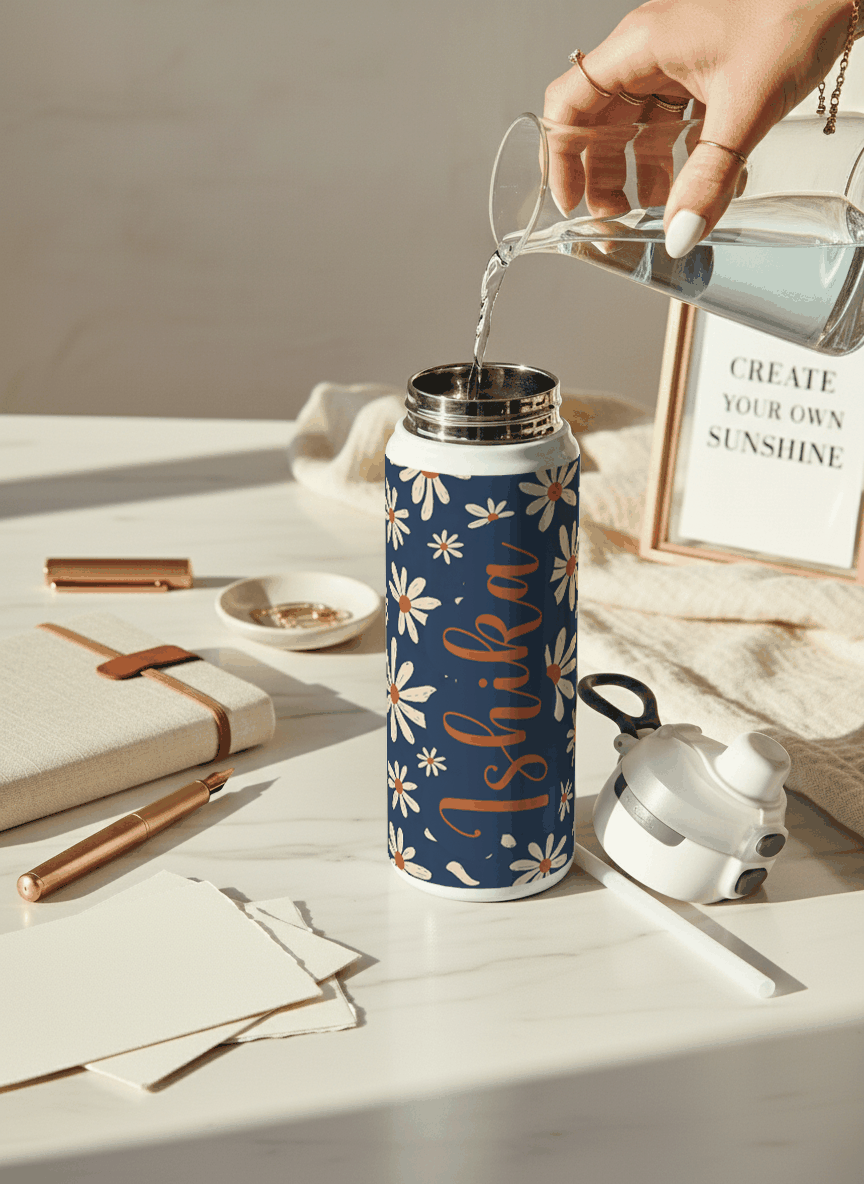 Personalised Lumi Insulated Premium Water Bottle 650ml – Azure Daisy Garden Print | 12+ Hours Hot & Cold | 2-Way Lid 1219 Avenue