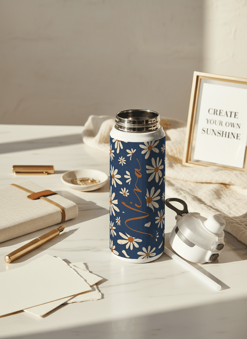 Personalised Lumi Insulated Premium Water Bottle 650ml – Azure Daisy Garden Print | 12+ Hours Hot & Cold | 2-Way Lid 1219 Avenue